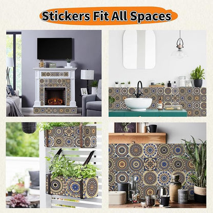 24 PCS Bohemian Floral PVC Peel and Stick Tile Stickers | for Kitchen Bathroom RV, Waterproof Self-Adhesive Removable Backsplash Decals, Easy DIY Upgrade, Smooth Surfaces, 3.94x3.94in