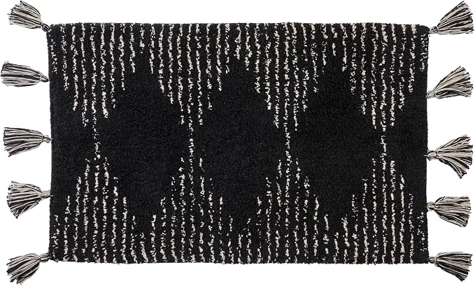 SKL Home Geo Diamond Bath Rug with Tassels, Anti-Slip, 20" x 30", Black | 100% Cotton with Latex backing. Plush & absorbent. Modern boho design works in the bathroom, kitchen or any space.