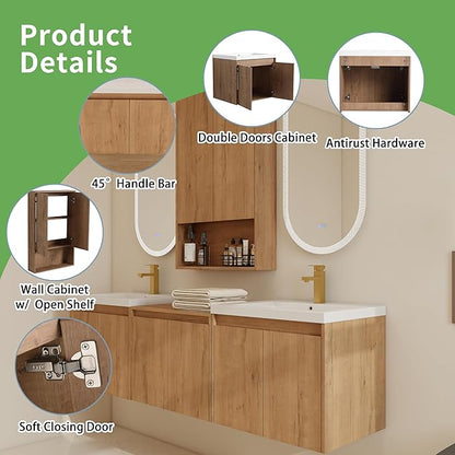 72" Bathroom Vanity Set, 72 Inch Modern Floating Vanity with 6 Doors and 1 Wall-Mounted Side Cabinet, Double Resin Sinks Wall Mount Cabinet Set, Open Storage Shelf, Imitative Oak