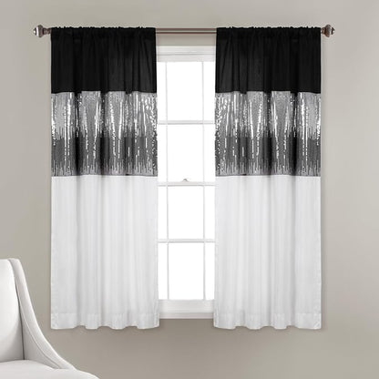 Lush Decor Night Sky Window Curtain Panel, Single 42"W x 63"L Black & White - Sequin Backdrop Curtain - Room Darkening Curtains For Bedroom - Glam Decor