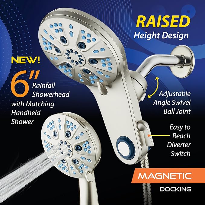 AquaCare Magneton 48-Mode High Pressure Rain & Handheld Shower Head Combo | Space-age Magnetic Guidance Docking, Dual 6-mode Heads with Hygienic Jets, Extra-long 6 ft. Stainless Steel Hose / Nickel