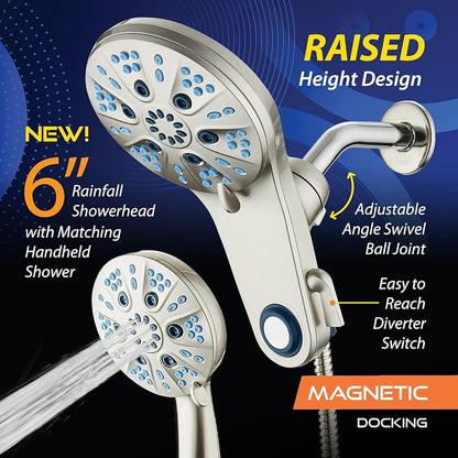 AquaCare Magneton 48-Mode High Pressure Rain & Handheld Shower Head Combo | Space-age Magnetic Guidance Docking, Dual 6-mode Heads with Hygienic Jets, Extra-long 6 ft. Stainless Steel Hose / Nickel