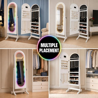 Fiqevs RGB Mirror Jewelry Cabinet, Remote Control LED Mirror with Storage | Arched Standing Jewelry Armoire with Full Length Wavy Mirror, Lockable, Spacious Storage Organizer, Gift Idea, White