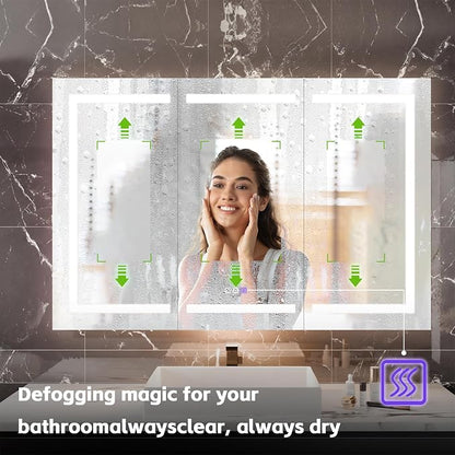 Smart LED Medicine Cabinet with Mirror, 48W×36H Inch Bathroom Storage Medicine Cabinet, 3 Color Stepless Dimming & Anti-Fog, 5X Magnifier, Night Light, 3 Doors, DTC Soft-Close Hinges