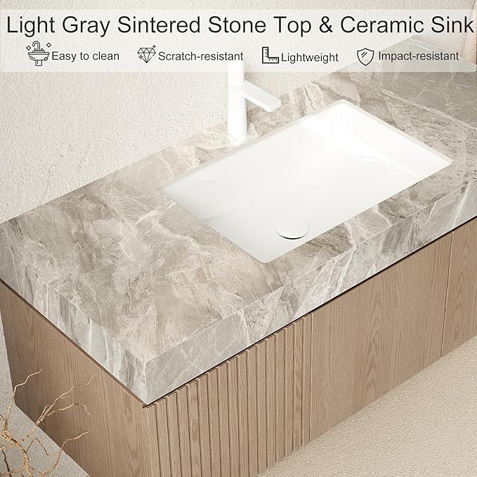 Ambrovina 30" Floating Bathroom Vanity with Sink, Modern Plywood Bathroom Storage Cabinet with Drawer and Door, Gray Sintered Stone Countertop and White Ceramic Basin, Pre-Assembled, Light Brown