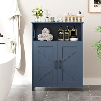 Homhedy Farmhouse Bathroom Storage Cabinet with Doors, Small Floor Cabinet | Toilet Paper Cabinet with Adjustable Shelf, Freestanding Storage Cabinet for Kitchen/Laundry/Living Room, 24"W, Blue