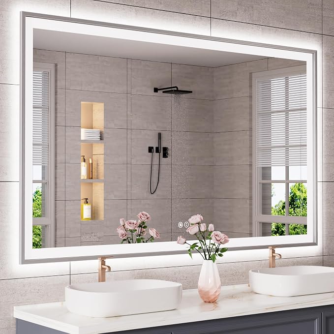 60x36 Inch LED Bathroom Mirror with Silver Frame | Silver Metal Frame, Front and Backlit, 3 Colors, Dimmable, Memory, Anti Fog, Tempered Glass, Lighted Mirror for Wall