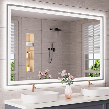 60x36 Inch LED Bathroom Mirror with Silver Frame | Silver Metal Frame, Front and Backlit, 3 Colors, Dimmable, Memory, Anti Fog, Tempered Glass, Lighted Mirror for Wall