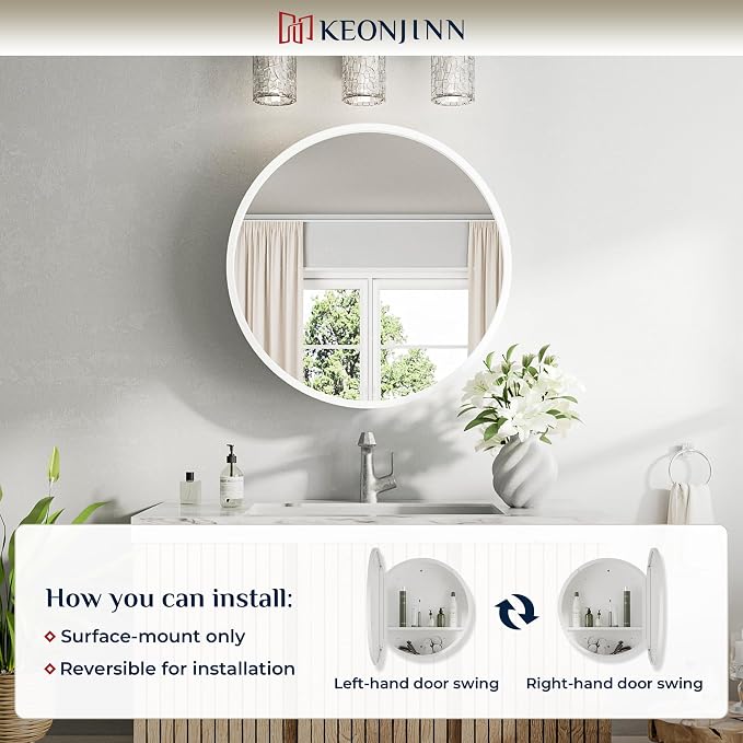 Keonjinn 24 Inch White Round Medicine Cabinet with Mirror, Rust Resistance | Circular Surface Mount Medicine Cabinets for Bathroom, Shatter-proof, Smooth Piano Hinge, Metal Frame, Magnetic Door Bumper
