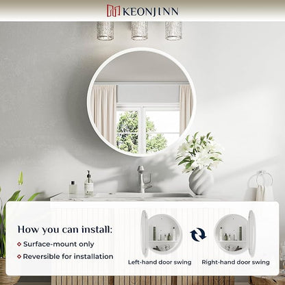 Keonjinn 24 Inch White Round Medicine Cabinet with Mirror, Rust Resistance | Circular Surface Mount Medicine Cabinets for Bathroom, Shatter-proof, Smooth Piano Hinge, Metal Frame, Magnetic Door Bumper