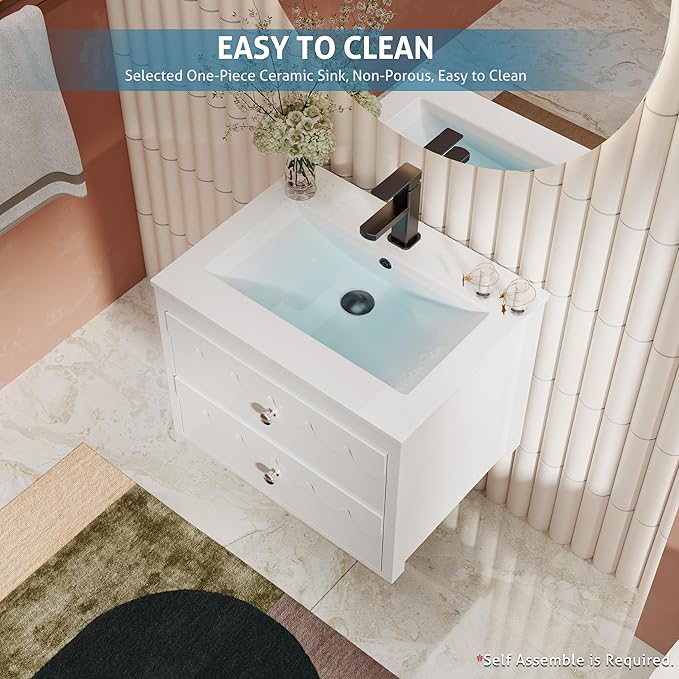 eclife 24" Floating Bathroom Vanity with Sink Combo, Modern Painted Wall-Mounted Vanities Storage Cabinet with Scalloped Decor, Undermount Basin, Faucet, Drain, White