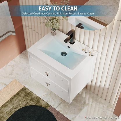 eclife 24" Floating Bathroom Vanity with Sink Combo, Modern Painted Wall-Mounted Vanities Storage Cabinet with Scalloped Decor, Undermount Basin, Faucet, Drain, White