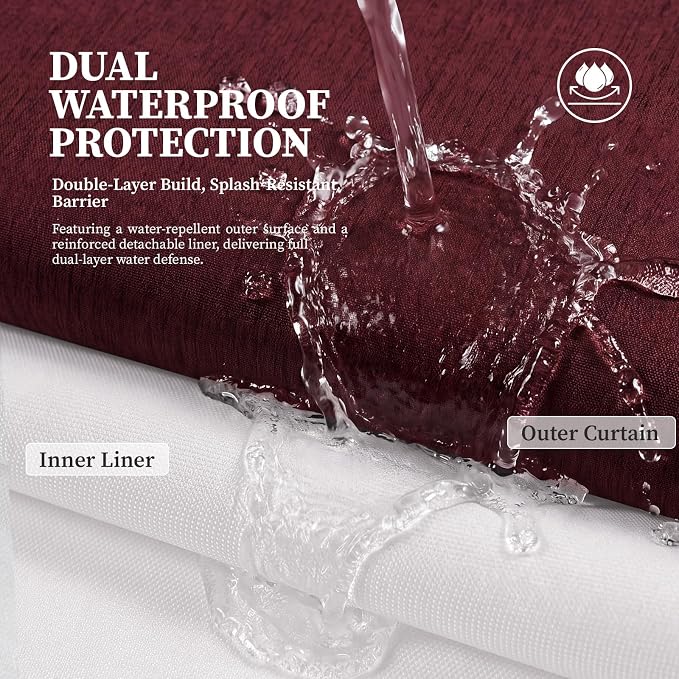 Burgundy Ringless Linen Look Shower Curtain with Snap in Liner, 72x75 | 3 in 1 Hotel Shower Curtain Set, Removable Liner, Waterproof & Washable, Mesh Top Window, Durable Fabric, Easy to Install