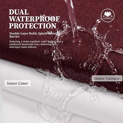 Burgundy Ringless Linen Look Shower Curtain with Snap in Liner, 72x75 | 3 in 1 Hotel Shower Curtain Set, Removable Liner, Waterproof & Washable, Mesh Top Window, Durable Fabric, Easy to Install