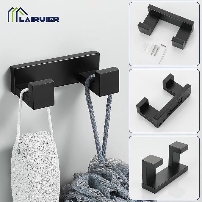 Matte Black Bathroom Accessories, Toilet Paper Holder, Towel Bar and Hook | Lairuier 3 Pieces Bathroom Hardware Set, SUS304 Stainless Steel Towel Holder Set Toilet Paper Holder Robe Hook Wall Mounted