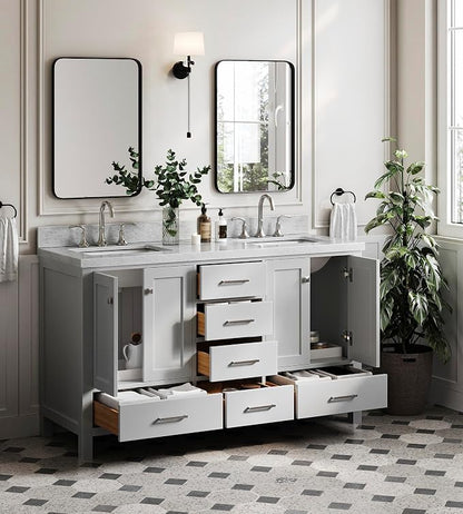 ARIEL Cambridge 60-inch Bathroom Vanity with Sink,Solid Wood, 1.5-inch Italian Carrara Marble Countertop, Double Rectangular Porcelain Sink, 4 Soft Closing Doors, 6 Dovetail Drawers, Grey