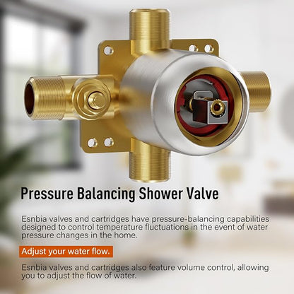 Esnbia Brushed Nickel Shower Faucet Set: 6" Rain Head, Valve & Trim Kit | Complete tub and shower trim kit with 6inch rainfall head, single-handle control, tub spout, and valve. Brushed Nickel finish