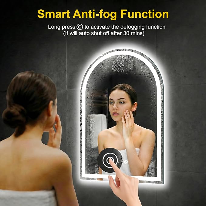 Arched LED Bathroom Mirror with Lights, 24" x 36" Lighted Vanity Mirror | Anti-Fog, Dimmable 3 Colors, Backlit + Frontlit, HD Shatterproof Tempered Glass, Memory Function