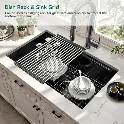 YITAHOME 30x19inch Kitchen Undermount Sinks, Nano Gunmetal Black Stainless Steel Drop-In Single Bowl Sink with Ledge and Accessories for Workstation, RV, Prep Kitchen, Bar