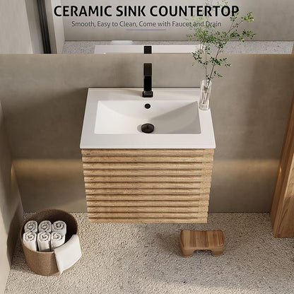 eclife 24" Floating Bathroom Vanity with Sink Combo Mid-Century Wall Mounted Cabinet with Wood Stripes Decor, Drawers, Undermount Single Sink, Faucet, Drain, Light Walnut