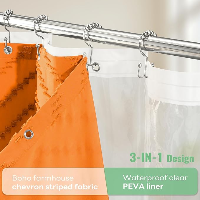 Dynamene Extra Long Shower Curtain and Liner Set - 84 inch Tall Boho Shower Curtain and Waterproof Clear Liner, Tufted Chevron Striped Tassel Shower Curtains for Bathroom, 12 Hooks, 72x84, Orange