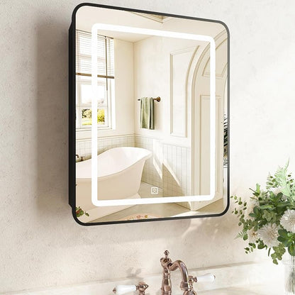24 x 30 Inch LED Medicine Cabinet with Mirror, Recessed or Surface Mount, Soft Close Hinges, Adjustable Shelves, Black