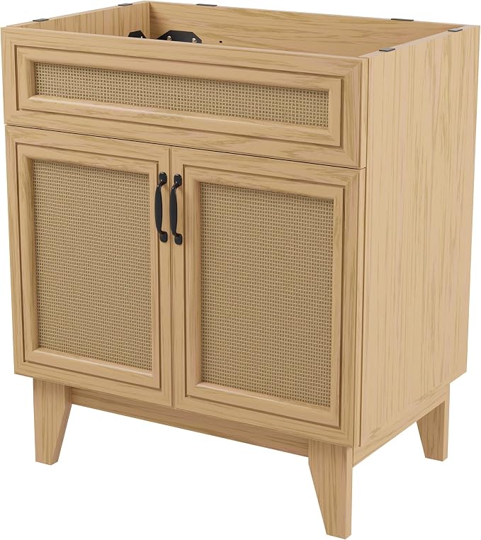 JONATHAN Y Javer Bohemian Rattan Freestanding Bath Vanity, 30", Oak | 18" Deep, 33" High, Double Soft-Close Doors, Caned Paneling, 2-Shelf Storage, Basin Not Included, Modern Farmhouse Style