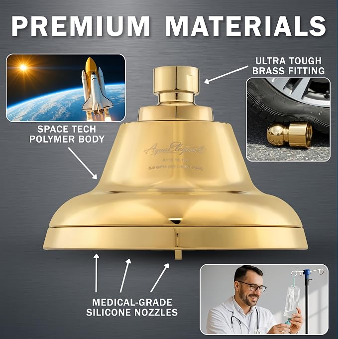 Aqua Elegante Massage Shower Head With Mist - 2.5 GPM - Polished Brass | High Pressure Boosting, 6 Function Adjustable Massaging Rainfall Showerhead For Low Flow Baths With Water Saving Nozzles