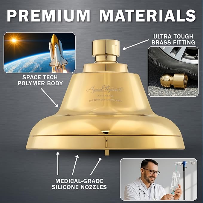 Aqua Elegante Massage Shower Head With Mist - 1.8 GPM - Polished Brass | High Pressure Boosting, 6 Function Adjustable Massaging Rainfall Showerhead For Low Flow Baths With Water Saving Nozzles