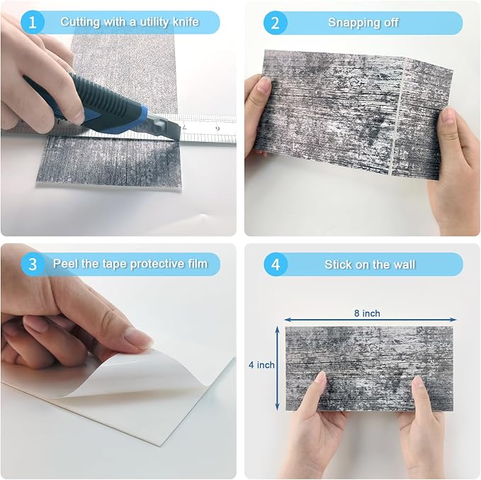 URCOLOR 32-Piece Peel and Stick Backsplash Wall Tile, 4"x 8" PVC Distressed Rustic Gray Blue Wood Stick on Tiles for Kitchen, Bathroom, Laundry Room, Camper, Fireplace