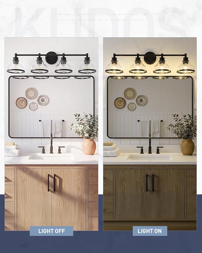 kudos 4-Light Matte Black Vanity Light, Clear Glass Shade | 33" bathroom light fixtures over mirror, upward or downward, E26 base, bulbs not included, Hardwired, KDVL20-BK-4