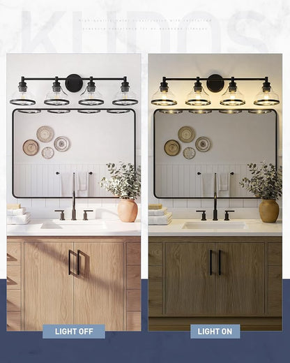 kudos 4-Light Matte Black Vanity Light, Clear Glass Shade | 33" bathroom light fixtures over mirror, upward or downward, E26 base, bulbs not included, Hardwired, KDVL20-BK-4