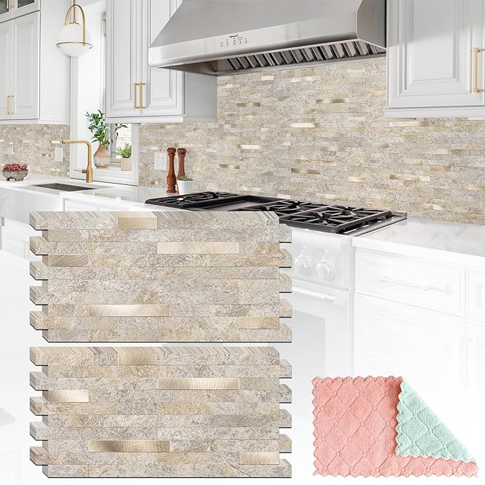 StyloVue 20 Sheets Peel and Stick Backsplash, Dark Beige with Metal Gold Look PVC Wall Tiles Upgrade Your Kitchen Backsplash, RV, Fireplace