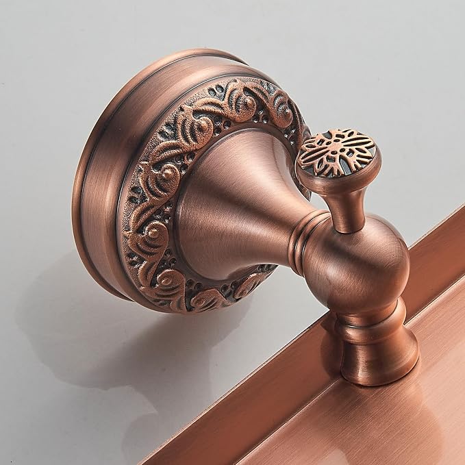 Red Copper Bath Toilet Paper Holder with Phone Shelf, Wall Mounted Bathroom Hardware Accessories, Pattern Carving Design, PBR-4386W