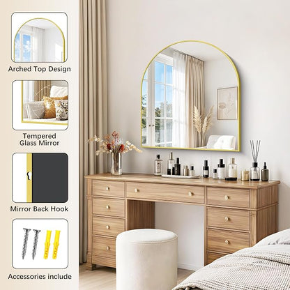 Arched Bathroom Mirror 36x40 Inch, Bathroom Mirror for Over Sink, Wide Wall Mounted Vanity Mirror with Aluminum Frame & Tempered Glass, Ideal for Bedroom, Entryway, Living Room, Mantel, Gold