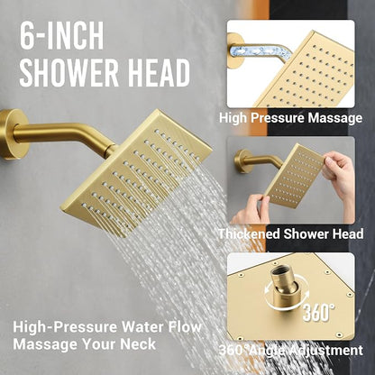 Thermostatic Dual Shower Head System, Brushed Gold Shower Faucet | 12 Inch Ceiling Rainfall Shower, 6 Inch Wall Mount Head, High Pressure Handheld Sprayer, Push Button Valve