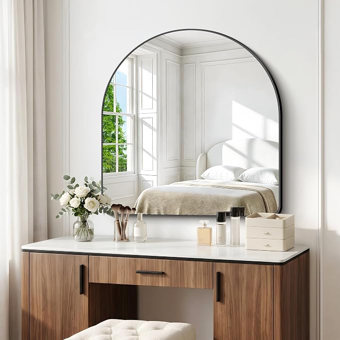 BONEWEI Arched Wall Mirror,42x42 inch Black Arched Mirror Bathroom,Large Vanity Mirror for Over Sink Metal Frame,Tempered Glass Arch Mirrors for Bedroom,Entryway,Living Room,Home Decor Shatter-Proof