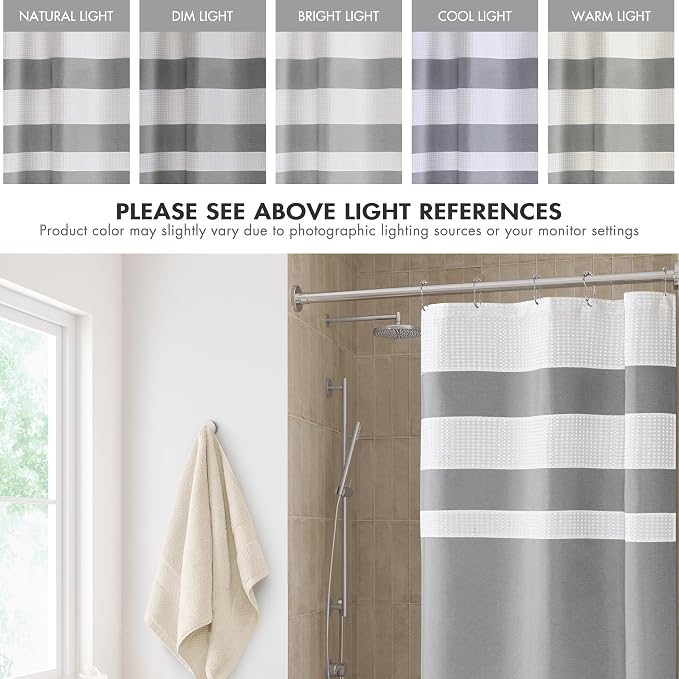 Madison Park Spa Waffle Weave Stall Shower Curtain, 36 x 72, Grey | Striped, Pieced Fabric Design, 3M Scotchgard Moisture Management, Hotel Quality, Modern, for Bathroom, OEKO-TEX Certified