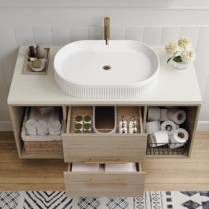 40" Bathroom Vanity with Sink Set, Modern Oak Wall Mounted Bathroom Vanity Cabinet with Above Oval Ceramic Sink,Gold Handle 2 Drawers & 2 Open Storage, Single Sink Floating Bathroom Vanity