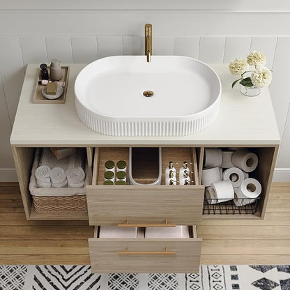 40" Bathroom Vanity with Sink Set, Modern Oak Wall Mounted Bathroom Vanity Cabinet with Above Oval Ceramic Sink,Gold Handle 2 Drawers & 2 Open Storage, Single Sink Floating Bathroom Vanity
