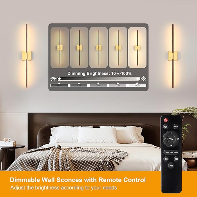 30″ Walnut Battery Operated Wall Sconces with Remote Control, Rechargeable Wall Sconces Set of 2, LED Sconces Wall Lighting, Wireless Wall Lights for Bedroom, Living Room, Background Wall