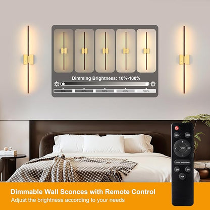 Morauroral Walnut Gold Battery Operated Wall Sconce with Remote Control, Rechargeable Wall Sconces Set of 2, LED Wireless Wall Light, Modern Sconce Wall Decor for Bedroom, Living Room
