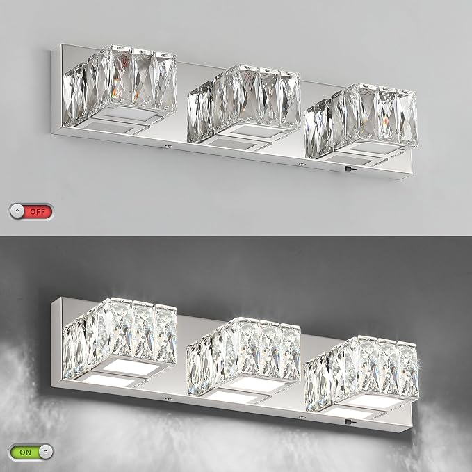 LED Bathroom Light Fixture - Modern 3 Light Crystal Vanity Light - Chrome Bathroom Wall Light 5CCT Dimmable
