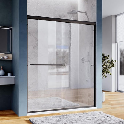 SUNNY SHOWER 58.5-60 in.W x 72 in.H Glass Shower Door, Semi Frameless Double Sliding Shower Door, 1/4" Clear Glass, Black Finish