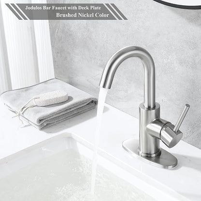 Brushed Nickel Bar Sink Faucet, Wet bar Faucet with 3 Hole Deck Plate and Supply Lines, Stainless Steel Single Handle Faucet for Bar Sink, Bathroom and Mini Kitchen Sink JU1100-BN
