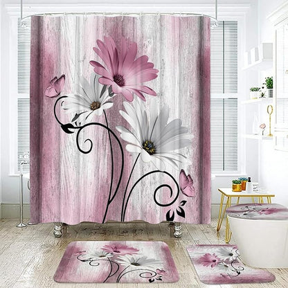 Onalasyc 4PCS Pink Daisy Floral Bathroom Sets with Shower Curtain and Rugs | Country Floral Butterfly Shower Curtain Set,Modern Bathroom Decor Shower Curtains Set with Rugs Toilet Lid Cover and 12 Hooks
