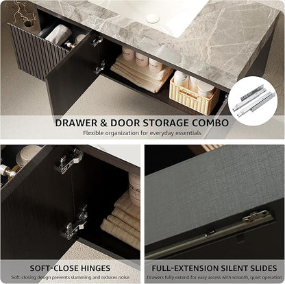 48” Floating Bathroom Vanity with Sink, Wall-Mounted Cabinet with Drawer & Doors, Gray Travertine-Pattern Sintered Stone Top, Undermount Basin, 3 Faucet Hole, Soft-Close, Pre-Assembled, Dark Oak
