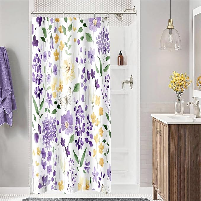 Small Stall Shower Curtain 36 x 72 Inch, Half Narrow Purple Yellow Floral Shower Curtains for Bathroom, Watercolor Flower Butterfly Fabric Shower Curtain Set with Hooks