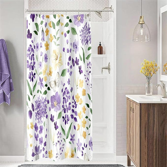 Small Stall Shower Curtain 36 x 72 Inch, Half Narrow Purple Yellow Floral Shower Curtains for Bathroom, Watercolor Flower Butterfly Fabric Shower Curtain Set with Hooks