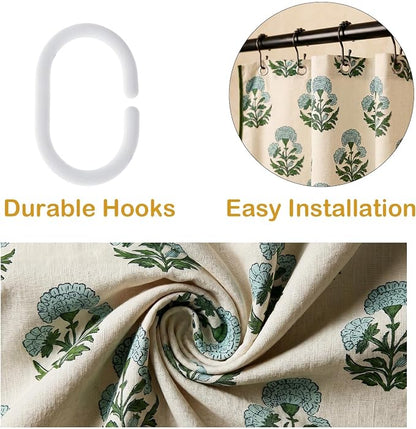 Boomkin Block Print Scalloped Shower Curtain Set with 12 Hooks | Blue and Green Shower Curtain Linen Textured Cottage Core Floral Bathroom Curtain for Vintage Farmhouse Bathroom 72 x 72 Inch